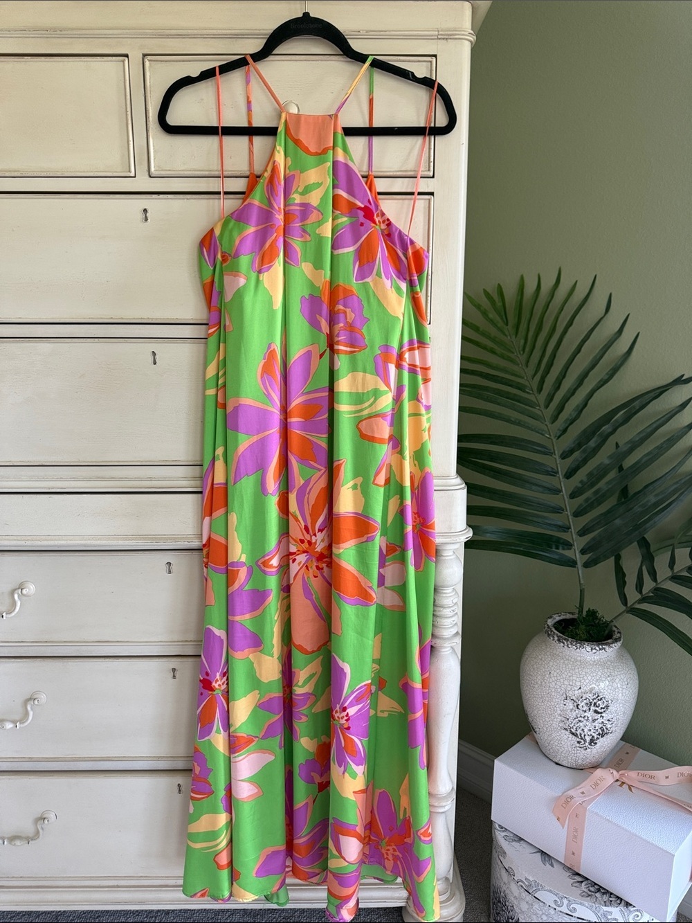 Chetta B Green Floral Slip Dress with Orange, Pink & Purple Blooms - Picture 3 of 7